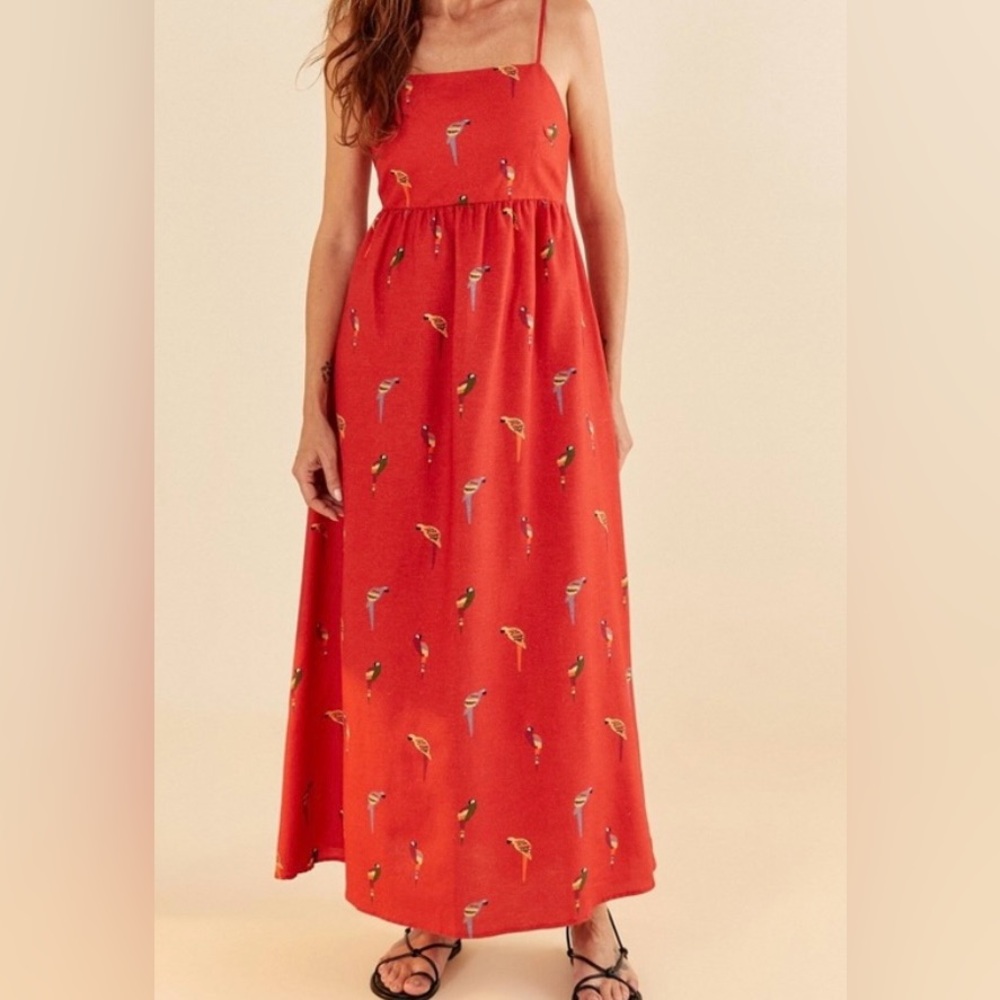 Farm Rio Vestido midi Ararita sleeveless toucan red dress size medium new